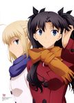  absurdres ahoge artoria_pendragon_(all) black_hair blonde_hair blue_scarf fate/stay_night fate/unlimited_blade_works fate_(series) girls_mate highres long_hair multiple_girls non-web_source official_art orange_scarf saber satou_tetsuhito scarf smile toosaka_rin two_side_up white_background 