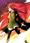  alastor_(shakugan_no_shana) cape highres jewelry kooda long_hair pendant red_eyes red_hair school_uniform serafuku shakugan_no_shana shana thighhighs torn_clothes torn_legwear 