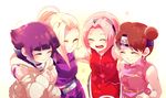  azu_(kirara310) blonde_hair brown_hair closed_eyes double_bun happy haruno_sakura hyuuga_hinata long_hair multiple_girls naruto naruto_(series) pink_hair purple_hair short_hair smile tenten yamanaka_ino 