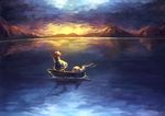  blue_dress boat cloud cloudy_sky different_reflection dress ghost hair_bobbles hair_ornament koto_inari mountain onozuka_komachi red_hair reflection river sanzu_river scythe sky sunset touhou water watercraft when_you_see_it 