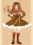  boots bow breasts brown_eyes brown_hair corset cross-laced_footwear dress drinking drinking_straw glass hair_ribbon high_heel_boots high_heels highres izumi_(maiko) knee_boots lace-up_boots long_hair maid_headdress maidroid_yukico-tan mascot medium_breasts milk_carton original personification pinky_out product_girl ribbon solo tray twintails yukico-tan yukijirushi 