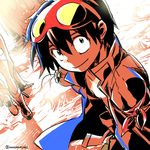  2boys blue_hair boota dutch_angle goggles goggles_on_head kamina looking_at_viewer multiple_boys nonosaki simon smile solo_focus tengen_toppa_gurren_lagann yoko_littner 