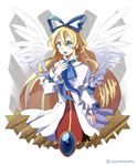  angel_wings blonde_hair blue_eyes bow disgaea earrings flonne frills hair_bow jewelry long_hair makai_senki_disgaea robe shawl smile solo twitter_username white_wings wings yu_(kaburimono_ex) 