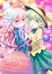  blue_eyes blue_skirt bubble_skirt colored_eyelashes expressionless floral_print flower frilled_sleeves frills green_hair hata_no_kokoro heart heart_hands komeiji_koishi kyo_(kyo21413) long_hair looking_at_another looking_at_viewer multiple_girls pink_eyes pink_flower pink_hair pink_rose pink_skirt plaid plaid_shirt rose shirt short_hair skirt skirt_set smile third_eye touhou wavy_hair wide_sleeves yellow_shirt 