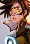  bomber_jacket brown_hair carlos_eduardo coat deviantart_sample earrings goggles green_eyes highres image_sample jacket jewelry leather leather_jacket lips looking_at_viewer orange_goggles overwatch parted_lips short_hair solo spiked_hair teeth tracer_(overwatch) upper_body 