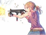  blonde_hair blue_eyes butt_crack casing_ejection daito firing gloves gun jatimatic long_hair muzzle_flash original ponytail shell_casing sketch sleeveless solo submachine_gun vertical_foregrip weapon 