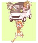  ;o armlet car carrying carrying_overhead flower friedbun frilled_skirt frills glass grey_background ground_vehicle koizumi_hanayo kousaka_honoka looking_back love_live! love_live!_school_idol_project minami_kotori motion_lines motor_vehicle multiple_girls one_eye_closed printemps_(love_live!) right-hand_drive running simple_background skirt smart_fortwo sparkle vest wavy_mouth wince yellow_skirt 