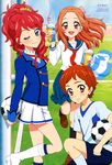  2girls absurdres aikatsu! aikatsu!_(series) animaga ball blue_eyes boots brown_eyes brown_hair drink highres hoshimiya_raichi kurebayashi_juri legs long_hair looking_at_viewer multiple_girls neckerchief non-web_source official_art one_eye_closed otoshiro_noel red_hair red_neckwear sakai_kasumi school_uniform serafuku short_hair smile soccer_ball socks starlight_academy_uniform telstar 