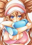  blue_eyes blush breasts brown_hair cleavage double_bun hat large_breasts long_hair marker_(medium) mei_(pokemon) millipen_(medium) open_mouth pokemon pokemon_(game) pokemon_bw2 raglan_sleeves shirt_lift simple_background slit_pupils solo traditional_media twintails uneven_eyes visor_cap white_background yutakasan-love 