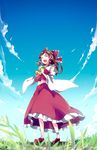  aioi_aoi bare_shoulders blurry bow brown_hair closed_eyes cloud cookie_(touhou) cup day depth_of_field detached_sleeves from_below full_body grass hair_bow hair_tubes hakurei_reimu loafers mug navel open_mouth reu shoes sky smile socks solo touhou wide_sleeves 