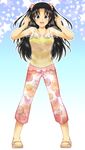  :d black_hair breasts capri_pants floral_print hair_ornament hair_scrunchie mary_janes medium_breasts no_socks open_mouth original pants scrunchie see-through shoes smile solo tsuka_(tsuka0808) two_side_up 