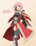  :d alexei_dinoia alexei_dinoia_(cosplay) armor belt boots capelet cosplay estellise_sidos_heurassein gloves green_eyes knee_boots open_mouth pants pauldrons pink_hair rihitoman short_hair smile solo surcoat tales_of_(series) tales_of_vesperia translated 
