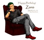  1boy 2014 birthday chair character_name earrings green_hair jewelry male male_focus one_piece red_shoes red_upholstery roronoa_zoro shoes sitting solo thigh_strap 