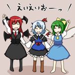  :d =_= ^_^ arm_up ascot barefoot bat_wings black_legwear blue_hair blush_stickers bow brown_legwear clenched_hand closed_eyes collared_shirt daiyousei detached_wings dress_shirt fairy_wings fangs frills full_body green_hair hair_bow head_wings holding_hands horns juliet_sleeves koakuma long_hair long_sleeves lowres mini_wings multicolored_hair multiple_girls necktie no_nose open_mouth pantyhose pigeon-toed pink_background puffy_sleeves raised_fist red_hair red_wings rokunen shirt short_hair side_ponytail simple_background single_head_wing single_wing skirt skirt_set smile sweatdrop thighhighs tokiko_(touhou) touhou trait_connection two-tone_hair v-shaped_eyebrows vest wings zettai_ryouiki 
