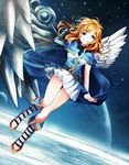  angel angel_wings asymmetrical_wings belt blue_eyes boots borrowed_character breasts cape capelet cassie_(acerailgun) cyborg feathered_wings flying full_body grin koko_(dollykiss911) long_hair mechanical_arm mechanical_wings medium_breasts orange_hair original planet skirt smile solo space taut_clothes wings 