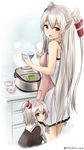 :o absurdres alternate_costume amatsukaze_(kantai_collection) apron black_eyes blush bowl brown_eyes hair_tubes highres if_they_mated kantai_collection long_hair looking_at_viewer mother_and_daughter multiple_girls older one_side_up rice_cooker rice_spoon saku_(kudrove) silver_hair two_side_up very_long_hair younger 