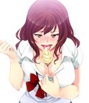  1girl artist_request blush breasts brown_hair character_request cleavage face female huge_breasts licking long_hair motton original sexually_suggestive solo source_request student tongue tongue_out 