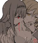  2girls akemi_homura alternate_eye_color biting blood bra breasts cleavage dated finger_in_mouth holding_hands hug hug_from_behind jewelry kamekoya_sato lowres mahou_shoujo_madoka_magica medium_breasts monochrome multiple_girls neck neck_biting open_clothes open_shirt red_eyes ring shirt spot_color tomoe_mami underwear vampire yellow_eyes yuri 