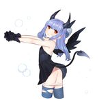  ass bare_shoulders black_dress black_gloves blue_hair blue_legwear blush bubble cowboy_shot demon_tail dress flat_ass from_side gloves gwayo hair_ribbon hands_clasped head_tilt horns long_hair orange_eyes outstretched_arms own_hands_together panties panty_pull ribbon short_dress solo tail thighhighs torn_clothes torn_legwear underwear white_panties wings 