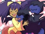  1girl dark_skin dragon eyes_closed female gym_leader hug iris_(pokemon) monster multiple_heads nintendo open_mouth pokemon pokemon_(game) pokemon_bw purple_hair smile zweilous 