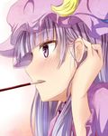 adjusting_hair blush close-up crescent crescent_hair_ornament food food_in_mouth hair_ornament hat long_hair mob_cap nightgown patchouli_knowledge pocky pocky_day purple_eyes purple_hair ram_hachimin solo touhou 