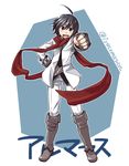  ahoge almaz_von_almadine_adamant black_hair blue_background boots brown_eyes character_name clenched_hands disgaea fingerless_gloves full_body gloves hand_on_hip jacket knee_boots makai_senki_disgaea_3 male_focus pants scarf smile solo standing twitter_username yu_(kaburimono_ex) 