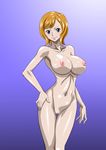  1girl areolae black_eyes blush breasts censored hand_on_hip highres koala_(one_piece) large_breasts legs looking_at_viewer nel-zel_formula nipples nude one_piece orange_hair pussy short_hair simple_background smile solo standing thighs 