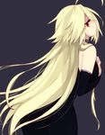  ahoge ass black_background blazblue blonde_hair bodysuit lambda-11 long_hair looking_back red_eyes solo yuya_(oshidori) 