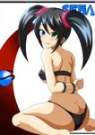  ass back bandeau barefoot bdsm bikini black_hair blue_eyes blush bondage bound bound_wrists breasts butt_crack covered_nipples crying crying_with_eyes_open dimples_of_venus from_behind game_console green_eyes heterochromia highres large_breasts long_hair looking_back personification scrunchie sega_hard_girls sega_saturn sega_saturn_(sega_hard_girls) sitting solo strapless suzumori_kuroku swimsuit tears twintails underboob wariza 