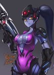  armor black_gloves blue_hair bodysuit breasts center_opening character_name cleavage cowboy_shot earrings faulds finger_on_trigger gloves gradient gradient_background grey_background grey_skin gun head_mounted_display high_ponytail highres holding holding_weapon jewelry large_breasts lataedelan long_hair looking_at_viewer overwatch pauldrons pink_bodysuit ponytail rifle serious signature skirt solo thigh_strap vambraces very_long_hair visor weapon widowmaker_(overwatch) yellow_eyes 