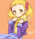  blonde_hair chiroru_(7450n) kasugano_urara_(yes!_precure_5) l'ecole_des_cinq_lumieres_school_uniform long_hair orange_background precure scarf school_uniform signature smile solo twintails yellow_eyes yes!_precure_5 