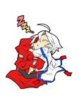  ahoge blazblue bodysuit cape chibi jacket jin_(mugenjin) nu-13 red_jacket shirt silver_hair sleeping solo t-shirt zzz 