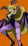  animal_print bat_print bat_wings blonde_hair chorimokki cosplay hair_over_one_eye head_wings high_heels long_hair morrigan_aensland morrigan_aensland_(cosplay) pantyhose pokemon print_legwear purple_wings shirona_(pokemon) solo vampire_(game) very_long_hair wings 