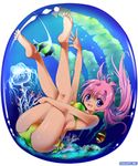  ass barefoot bikini breasts coral dr_rex feet fish jellyfish kneepits leg_hug legs_up long_hair looking_at_viewer medium_breasts original pink_hair purple_eyes seaweed smile soles swimsuit underwater 