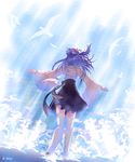  back bird cloud day from_behind full_body hair_ribbon japanese_clothes long_hair original outstretched_arms purple_hair ribbon sash skirt sky solo spread_arms thighhighs white_legwear wide_sleeves xiacheng_tatsuya zettai_ryouiki 