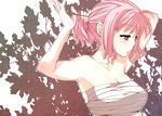  alternate_hairstyle bare_shoulders breasts expressionless hairdressing large_breasts leaf leaf_background midori_(green_tea) no_shirt pink_eyes pink_hair ponytail saigyouji_yuyuko sarashi short_hair solo touhou upper_body 