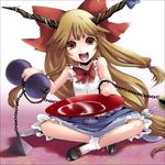  brown_eyes brown_hair chain cup gourd horns ibuki_suika long_hair open_mouth ribbon sakazuki solo touhou zen_(raspberry) 