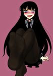  black_hair feet formal houkago_play long_hair necktie pantyhose pov_feet suit tie yellow_eyes 