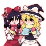  bad_id bad_pixiv_id black_hair blonde_hair bow braid detached_sleeves hair_bow hakurei_reimu hat kamiya_zuzu kirisame_marisa lowres mittens multiple_girls red_eyes scarf shared_mittens short_hair touhou witch_hat yellow_eyes 