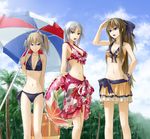  :d aqua_eyes arms_behind_back ass_visible_through_thighs bad_id bad_pixiv_id bare_shoulders beach_umbrella bikini bikini_skirt blonde_hair blue_eyes bracelet breasts brown_hair cleavage cloud day floral_print front-tie_top groin hand_on_hip innertube jewelry long_hair medium_breasts multiple_girls navel open_mouth original palm_tree print_sarong sarong shading_eyes short_hair side-tie_bikini side-tie_skirt silver_hair skirt sky smile swimsuit tomo_(machinemess) tree umbrella very_long_hair yellow_eyes 