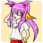  angry animal_ears bell belt blazblue bracelet cat_ears glasses jewelry kokonoe long_hair midriff mouth_hold pink_hair ponytail scientist solo yellow_eyes 