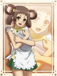  428 apron awa brown_eyes brown_hair canaan fang freckles hair_rings smile solo tray yunyun zoom_layer 