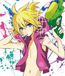  ayuyu_(baby) bad_id bad_pixiv_id blonde_hair blue_eyes headphones headset hood hoodie kagamine_len male_focus ponytail solo sweat vocaloid water_gun 