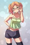  camisole e20 glasses green_eyes hand_on_hip looking_at_viewer midriff nakano_minori orange_hair original shorts solo thighhighs twintails 