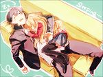  1girl aisaka_taiga black_hair blonde_hair chiko_(beroro) closed_eyes couch fetal_position from_above full_body girl_on_top loafers open_mouth pants shoes short_hair sleeping takasu_ryuuji thighhighs toradora! zettai_ryouiki 