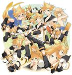  animal_ears banana blonde_hair blue_eyes blush detached_sleeves eating food fruit glass headphones instrument kagamine_len kagamine_len_no_bousou_(vocaloid) keytar lying male_focus necktie nononono pacifier shorts tail vocaloid 