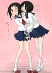  bandage_over_one_eye bandages black_hair blush braid brown_eyes eyepatch kaga_ai kobushi_abiru multiple_girls one_eye_closed oro_(zetsubou_girl) ponytail sayonara_zetsubou_sensei school_uniform serafuku short_hair twin_braids yuri 