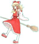  blonde_hair bow broom brown_eyes cosplay detached_sleeves grin hair_bow hair_tubes hakurei_reimu hakurei_reimu_(cosplay) hand_on_hip kirisame_marisa large_bow sandals sketch smile socks solo standing standing_on_one_leg touhou white_legwear yu_65026 