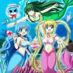  :d armlet bird blonde_hair blue_eyes blue_hair bracelet breasts bubble cleavage dolphin fish green_eyes green_hair hair_ornament heart hippo_(mermaid_melody_pichi_pichi_pitch) houshou_hanon jellyfish jewelry kura-chan long_hair medium_breasts mermaid mermaid_melody_pichi_pichi_pitch miru momo-chan monster_girl multiple_girls nanami_lucia necklace open_mouth outstretched_arm pendant penguin seashell shell shell_bikini shipwreck smile star star_hair_ornament touin_rina twintails underwater 