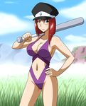  baseball_bat blush breasts casual_one-piece_swimsuit center_opening cleavage forte_stollen galaxy_angel goriate grass green_eyes hand_on_hip hat large_breasts monocle navel one-piece_swimsuit red_hair solo swimsuit 